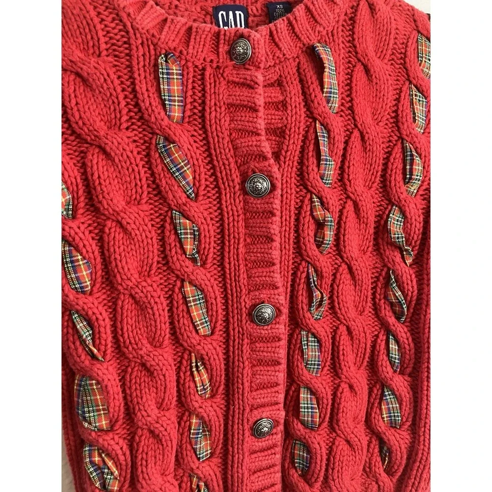 Vintage GAP Sweater Girls XS Red Cable‎ Knit Plaid Ribbon Cardigan 90s